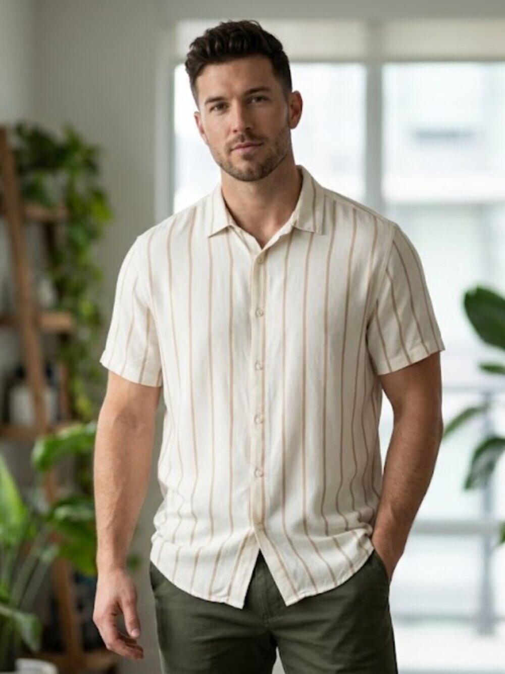 Cactus Man Ricky Singh Cream Tan Striped Short Sleeve Rayon Button Down XL